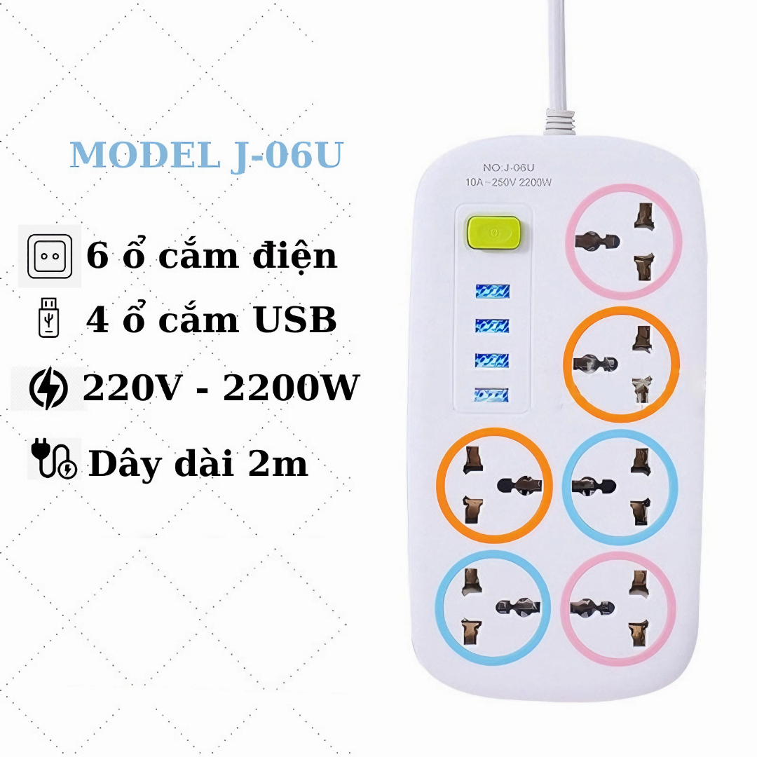 Ổ cắm điện J-06U đa năng chống giật 4 cổng usb tiện lợi, hàng loại 1 dây dài 2m - Hàng chính hãng