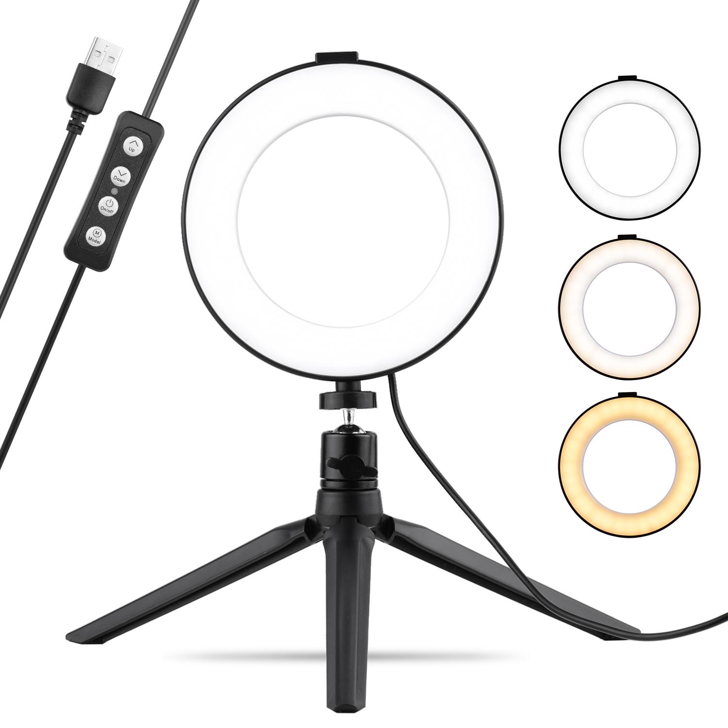 Đèn Selfie Beauty LED Light 3 chế độ chiếu sáng có thể điều chỉnh độ sáng với bộ chuyển đổi Ballhead + Chân máy tính để bàn cho Vlog