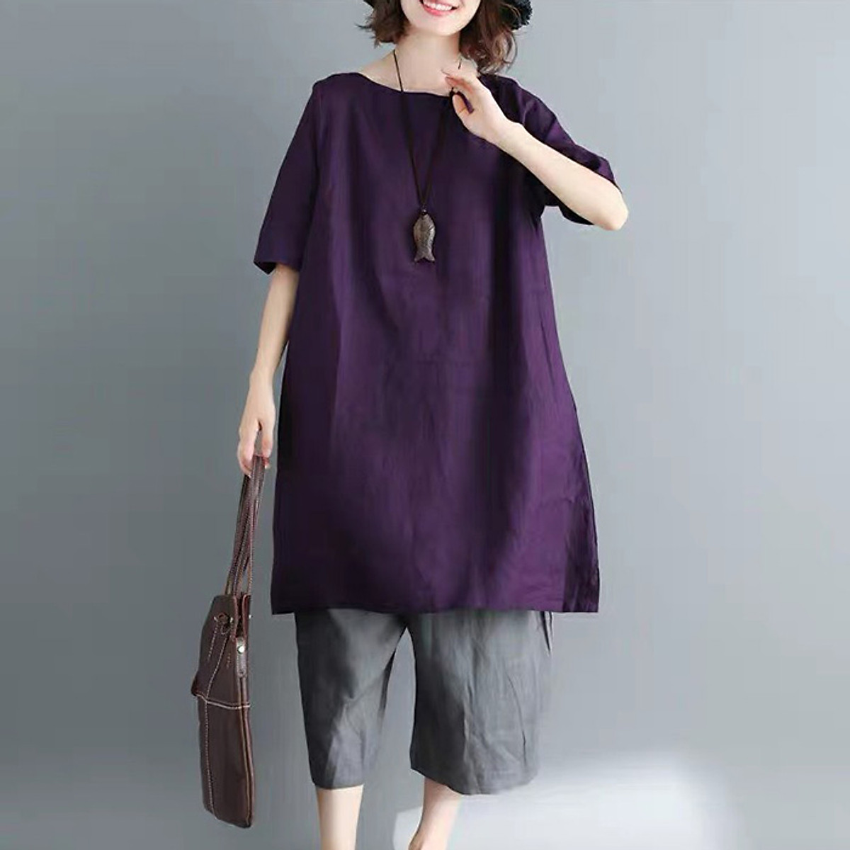 Đầm suông cổ tròn tay lỡ basic Linen bột Premium 3 màu lựa chọn