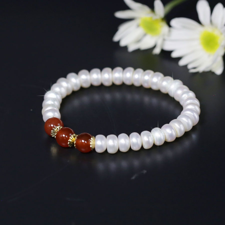 Bộ Chuỗi Ngọc Trai Phát Tài Lộc Mã Não Đỏ Charm Hoa Vàng - BNJ1208 - Bảo Ngọc Jewelry