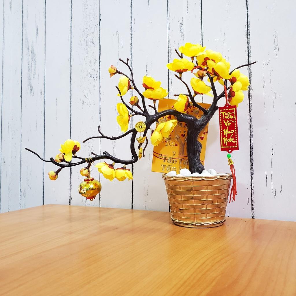 Chậu đào nhí giả dáng bon sai trang trí tết cao 25cm