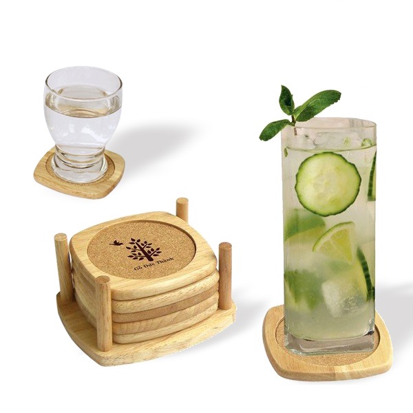 Miếng Lót Ly Cao Cấp Hình Bầu, Có Miếng Bần Thấm Nuớc, Khay Đựng Ly Gỗ Trang Trí, Đế Lót Ly
