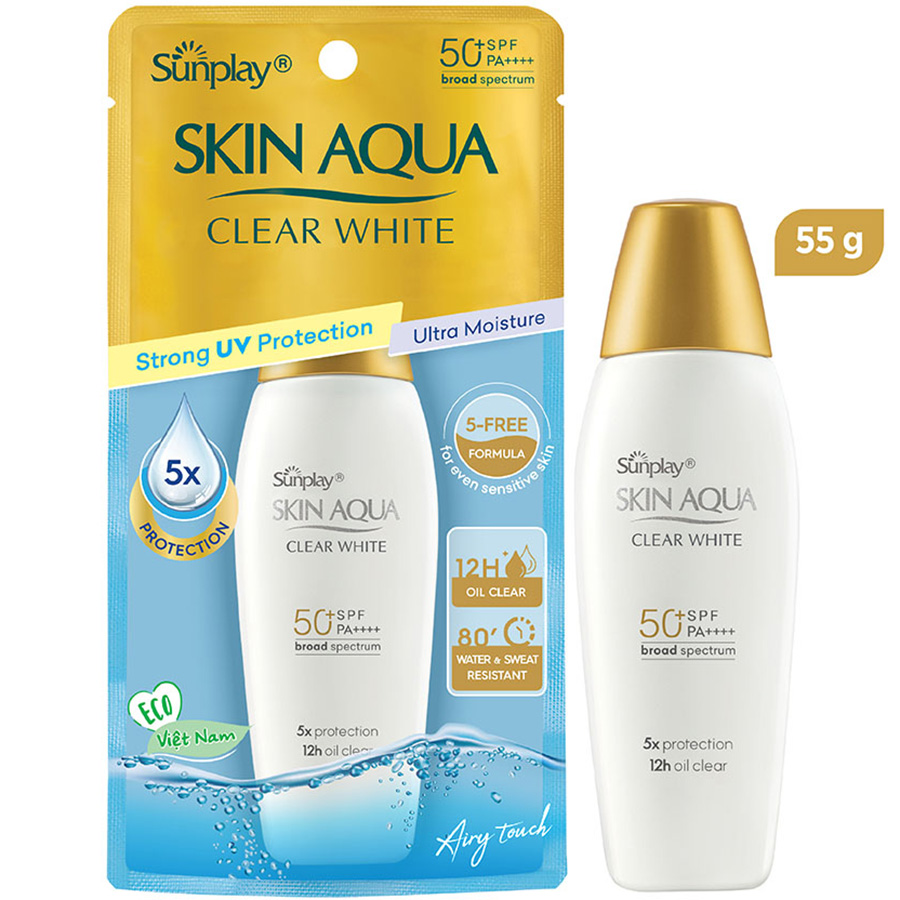Kem chống nắng Skin Aqua dưỡng trắng, kiểm dầu, dùng hàng ngày dạng sữa Sunplay Skin Aqua Clear White Eco Việt Nam SPF50, PA++++ 55g