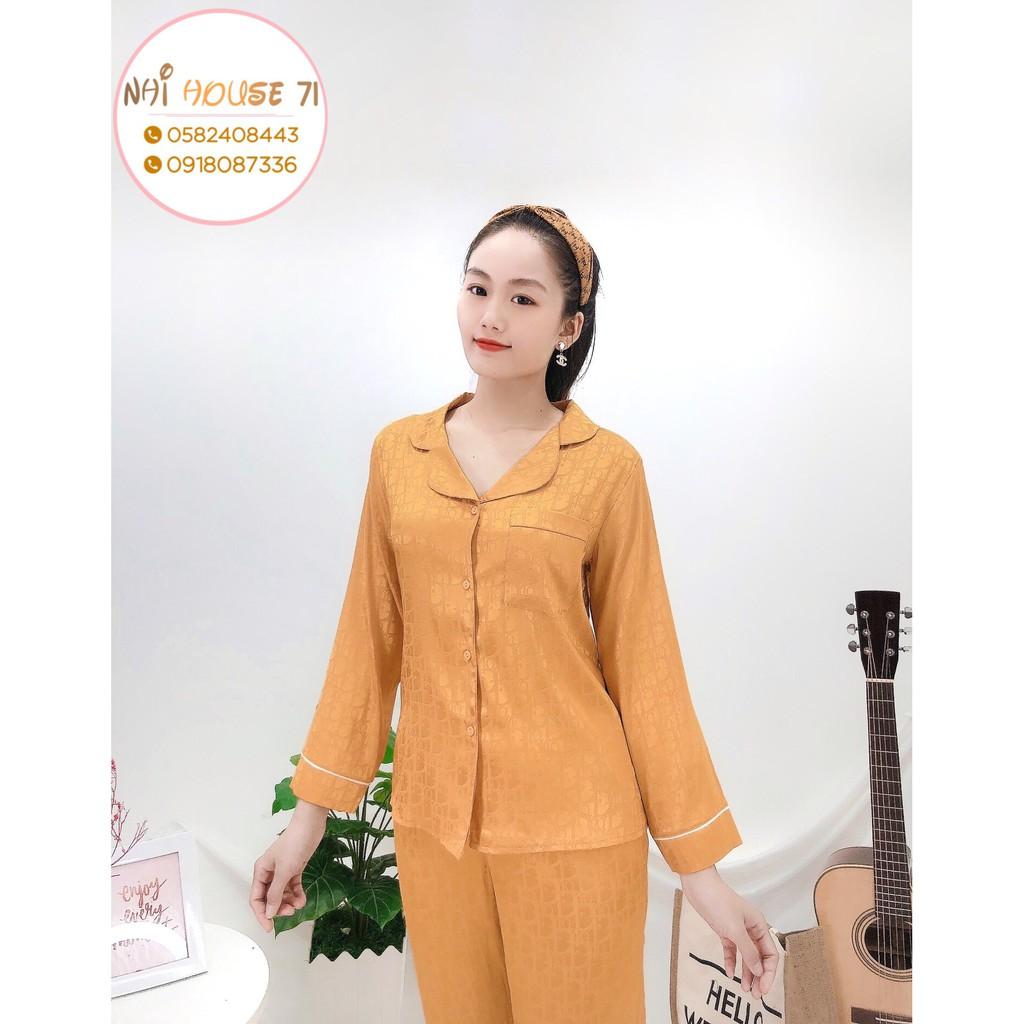 Bộ lụa Pijama NHIHOUSE71 Bộ Quần Dài Tay Dài Gấm Satin Dệt Chữ Nôi Sang Trọng