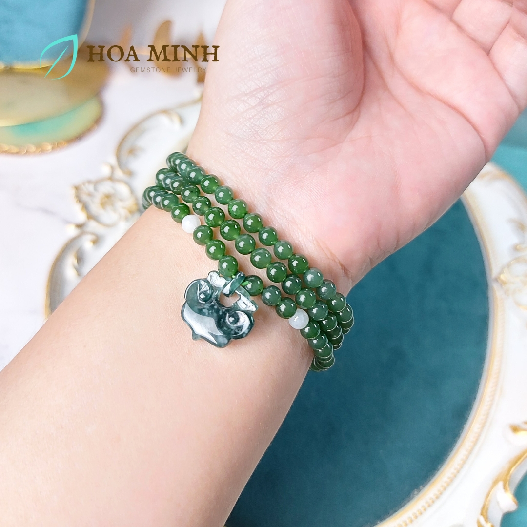Vòng chuỗi 108 hạt Ngọc Bích Nephrite size 5 li phối Charm Khoá Trường Mệnh Lam Ngọc phong thủy bình an, tài lộc