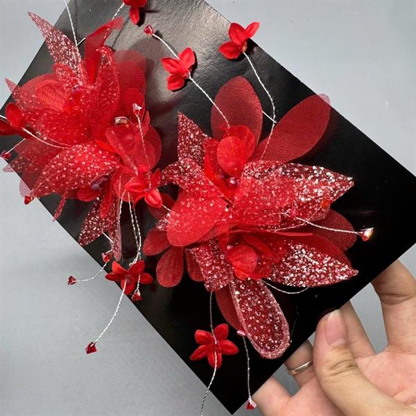 Cài tóc cô dâu hoa đỏ lưới nhũ đính hoa mẫu mới t12/2024