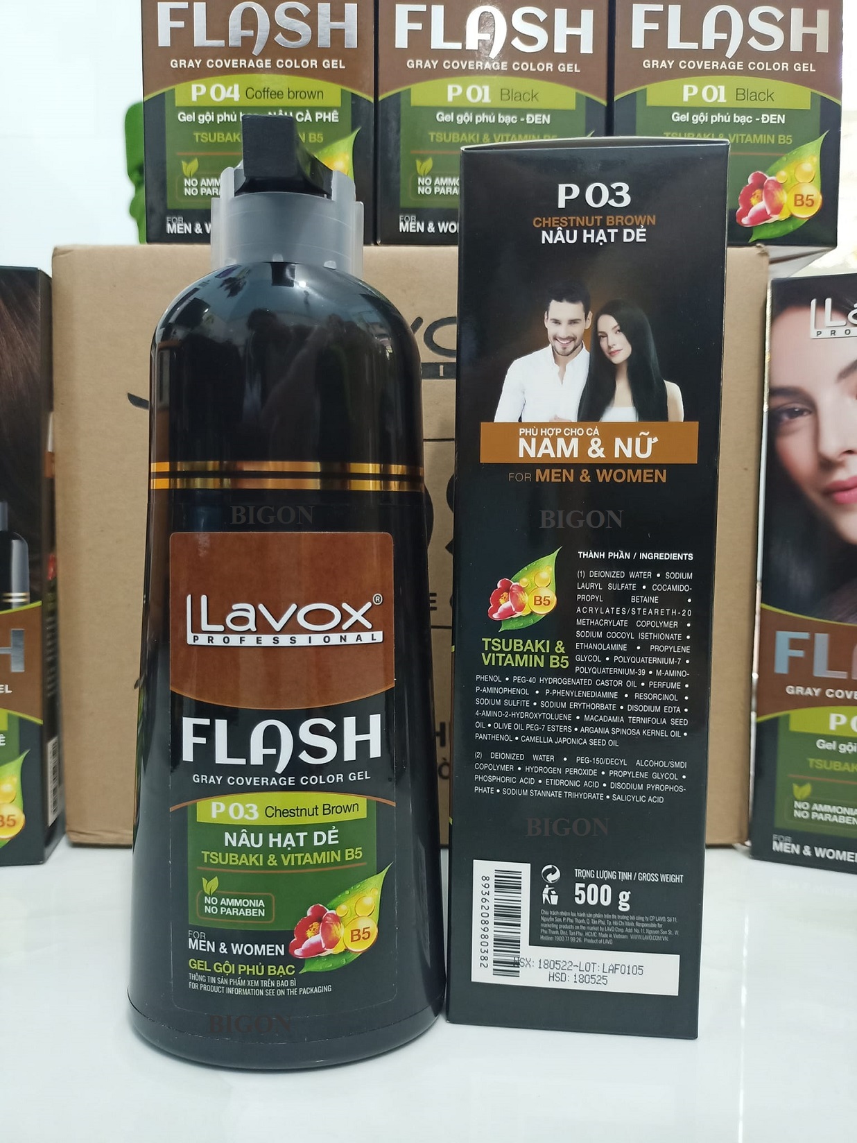 Dầu Gội Nhuộm Tóc Phủ Bạc Thảo Dược Siêu Dưỡng LAVOX FLASH 500ml - P03 - Màu Nâu Hạt Dẻ