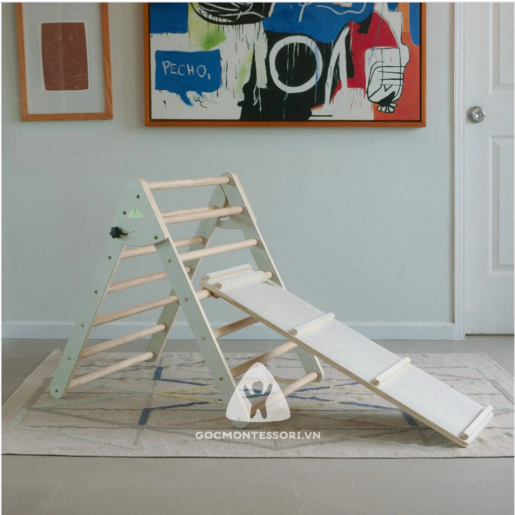 Combo Pikler Triangle 95cm Góc Montessori Giúp Trẻ Phát Triển Vận Động Thô: Thang Tam Giác Vận Động Gấp Gọn + Tấm Trèo Kiêm Cầu Trượt 95cm