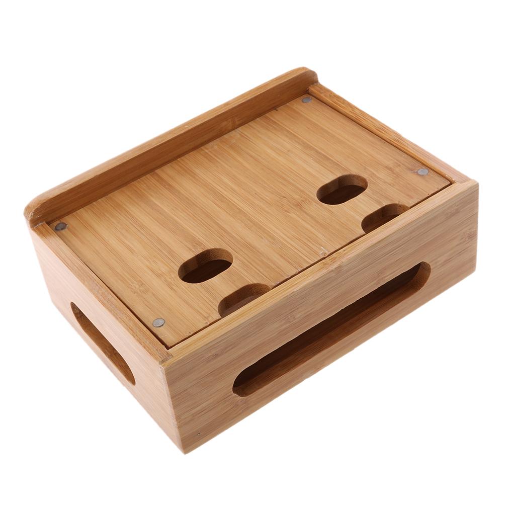 Cord Organizer, 4 Slots Bamboo Stand Multi-device Desktop Cords Organizer Dock Charging Station Holder with Built-in Insert Slots for Smartphones, Tablets and Laptops