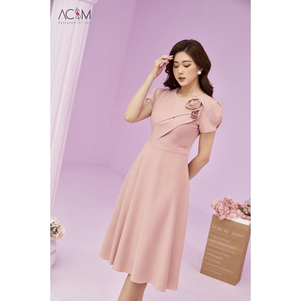 Hình ảnh Đầm xòe hoa cuốn AC&M chất liệu lụa trượt cao cấp - màu hồng