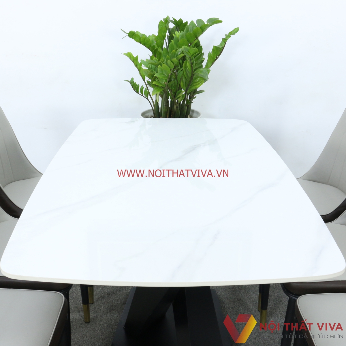 Bộ Bàn Ăn 6 Ghế Bọc Nệm Chân Chữ X Sơn Tĩnh Điện Mặt Đá Trắng Hiện Đại