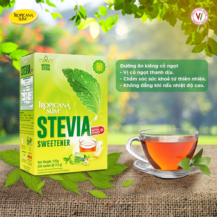 Đường Ăn Kiêng Tropicana Slim Stevia 125gr - Chiết Xuất Từ Lá Cỏ Ngọt Stevia 125g (50 x 2.5g)