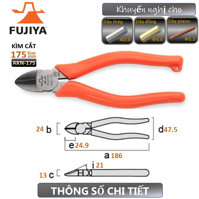 Kìm cắt dây cường lực 7 inch / 175mm Fujiya AKN-175 Công nghệ Nhật Bản- Kềm cắt dây thép dây đồng dây piano