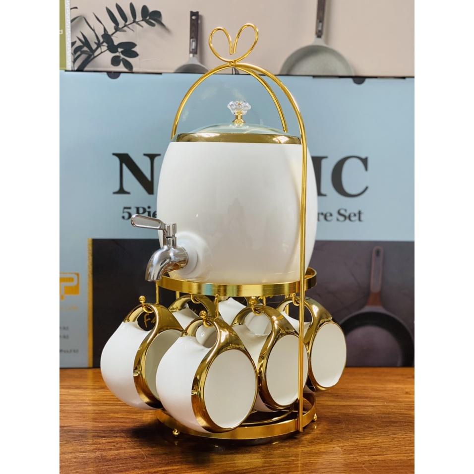 Bộ bình cao cấp có vòi rót nước 1.8l kèm 6 cốc sứ, giá đỡ phong cách Bắc Âu xanh Cổ vịt quà tặng ý nghĩa