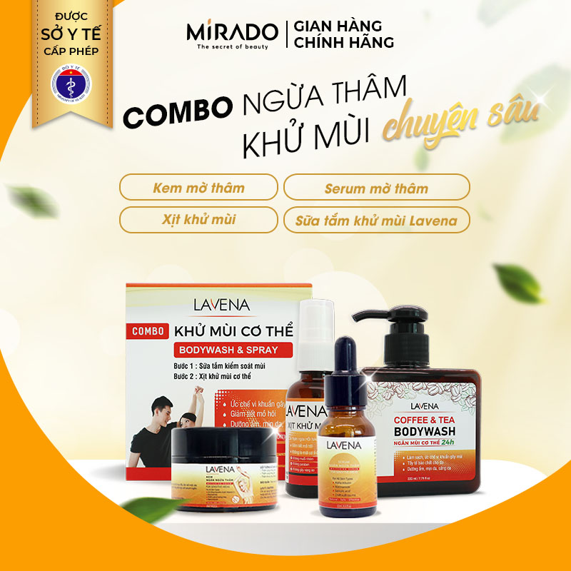 Combo Mờ Thâm, Sáng Da, Hỗ Trợ Giảm Mụn Lưng, Tẩy Da Chết, Khử Mùi Cơ thể Lavena (Kem 30g + Serum 15ml + Xịt 30ml + Sữa tắm 220ml)