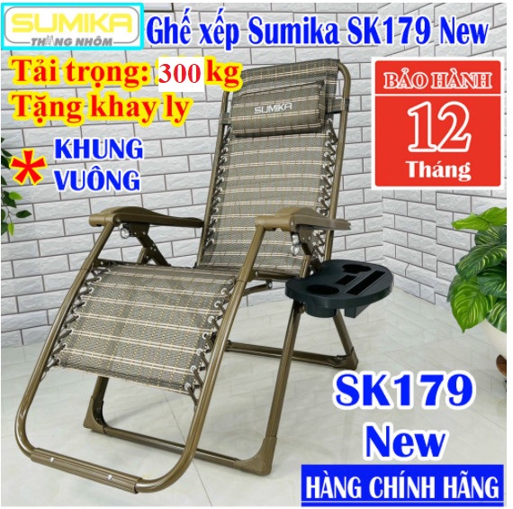 Ghế xếp thư giãn SUMIKA 179 NEW - Màu vàng đồng-khóa kim loại Bền Bỉ-khung thép Sơn Tĩnh ĐIện Chống Trầy Xước Rỉ Sét - Tải 300kg - Tặng khay + Gối. Luôn Có Phụ Kiện Thay Thế