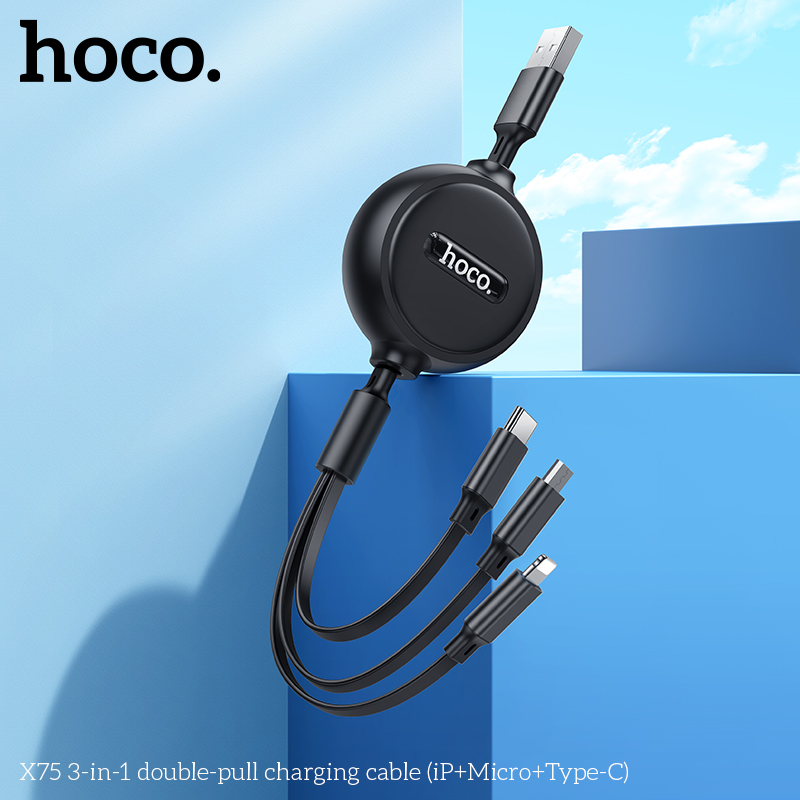 Dây sạc nhanh 3 đầu 2A hàng chính hãng Hoco X75 3in1 dây rút dẹt đa năng chất liệu TPE dài 1M Hoco Mall