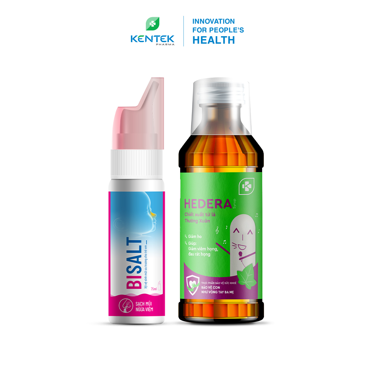 COMBO Hô Hấp, giảm ho, bổ phế, sạch mũi dành cho bé Siro Hedera chai 100ml và Bisalt Nano bạc chai 75ml | Kentek Pharma