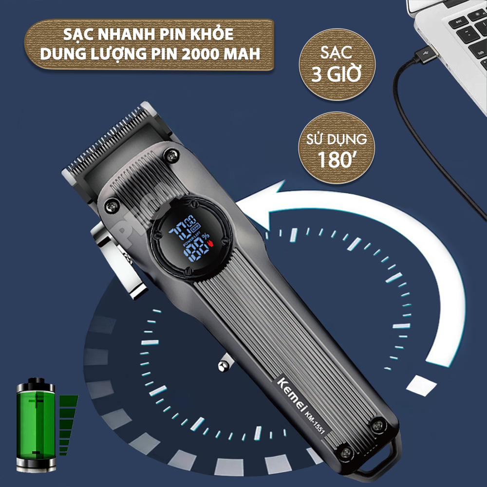 Tông đơ cắt tóc chuyên nghiệp Kemei KM-1551 công suất mạnh 5W màn hình LCD sạc nhanh USB type C tiện lợi - Chính hãng