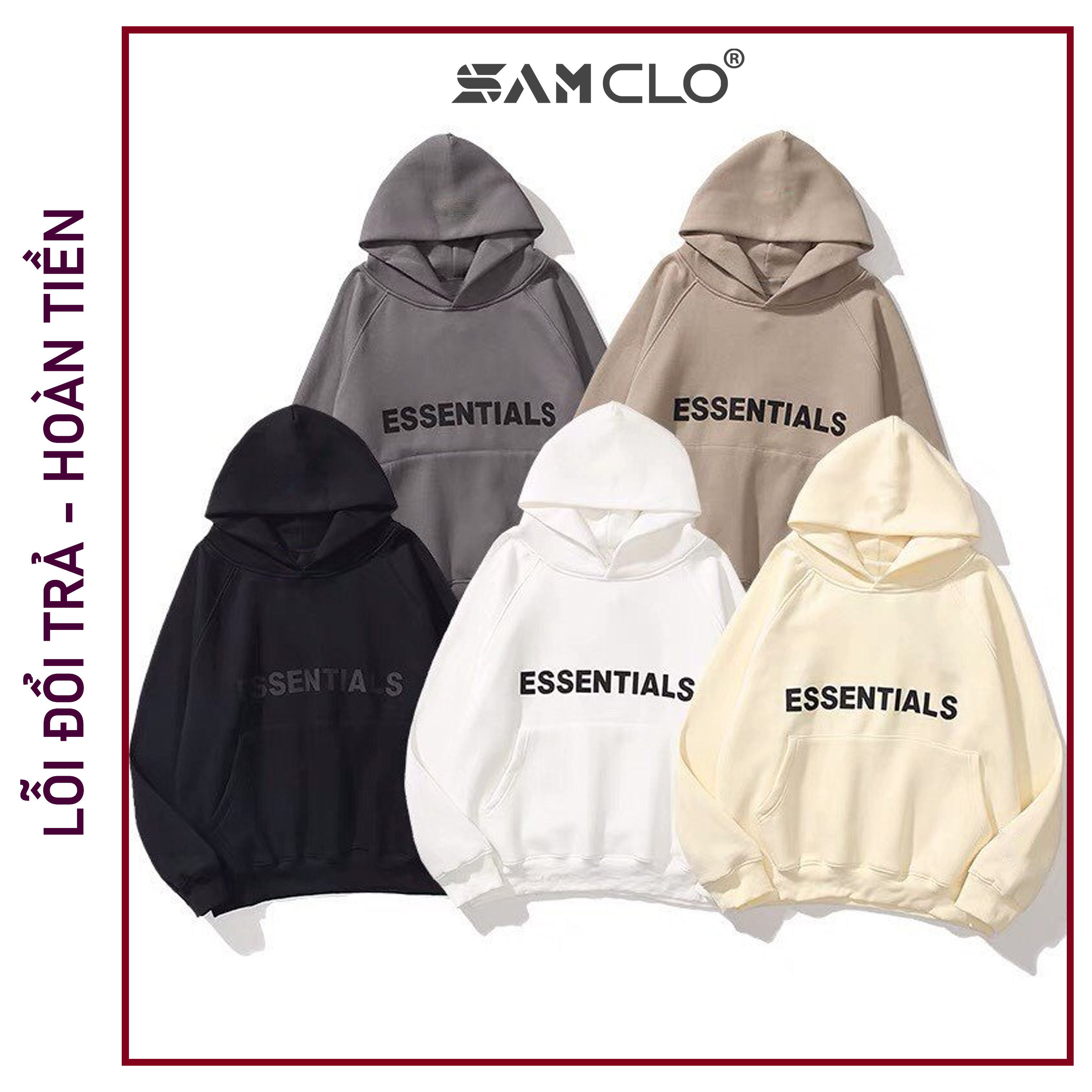 Áo khoác nỉ hoodie SAM CLO nam nữ chui có mũ tay dài thu đông freesize dáng Unisex in chữ ESSENTIALS