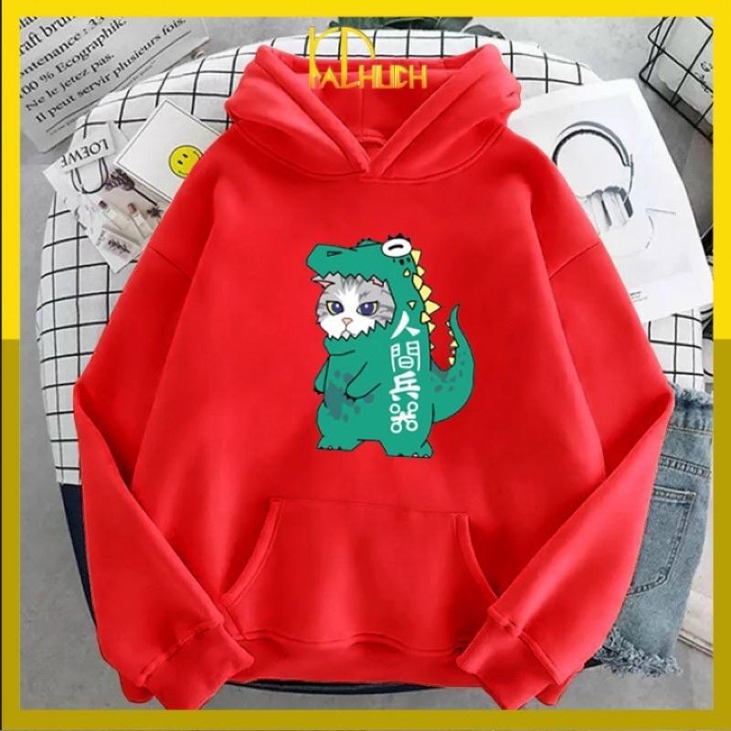 Áo hoodie in mèo khủng long vải nỉ nón 2 lớp dày dặn cho cả nam nữ