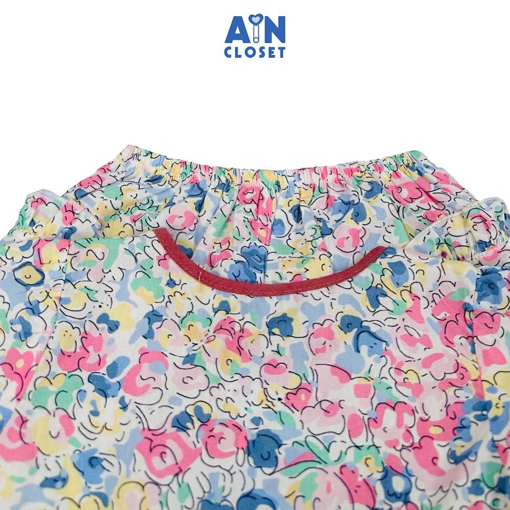 Bộ quần áo Ngắn bé gái họa tiết Hoa Xanh Hồng cotton - AICDBG7PIFLO - AIN Closet