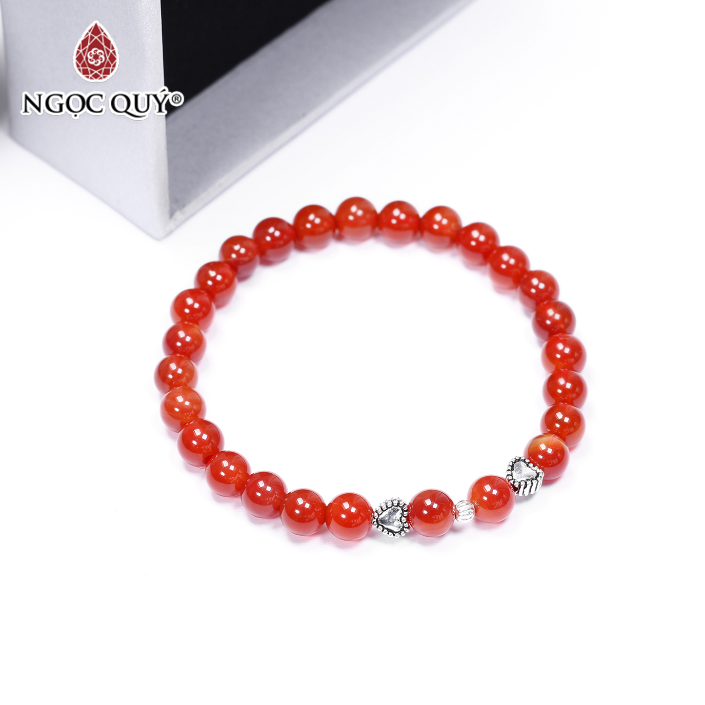 Vòng tay đá mã não đỏ phối charm trái tim size hạt 6mm mệnh hỏa thổ - Ngọc Qúy Gemstones