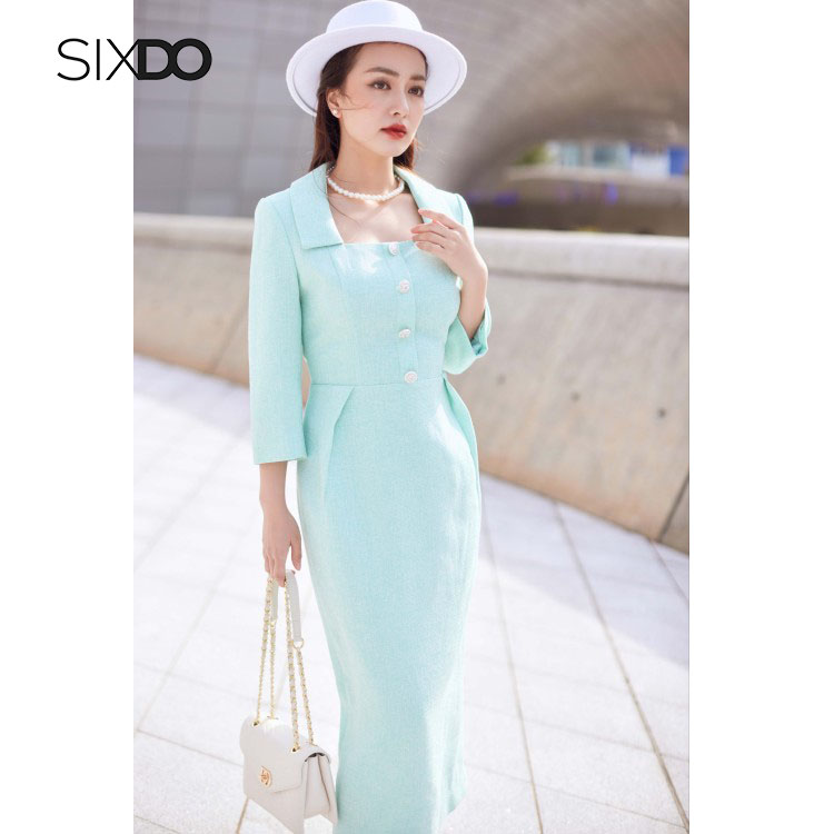 Đầm midi tweed cổ vuông thanh lịch SIXDO