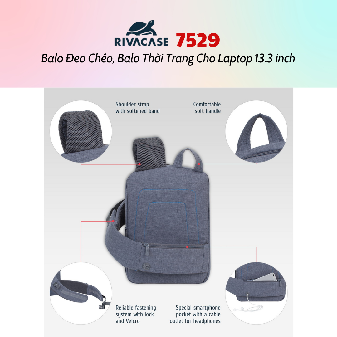Balo Rivacase 7529  Đeo Chéo, Balo Thời Trang Cho Laptop 13.3 inch - Bảo Hành 24 Tháng - Hàng Chính Hãng