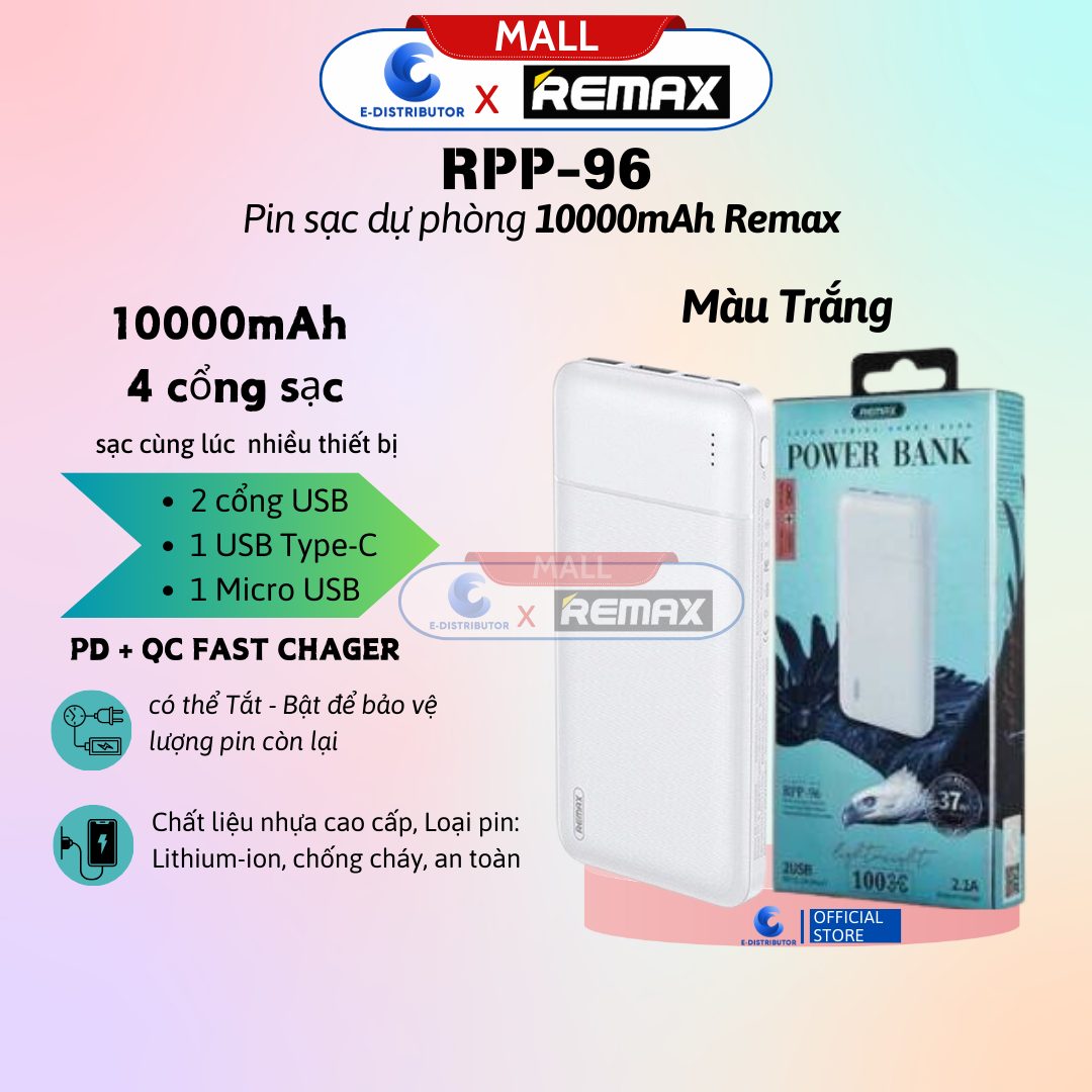 Pin sạc dự phòng 10000mah Remax RPP-96 - Hàng Chính Hãng - Bảo Hành 12 Tháng