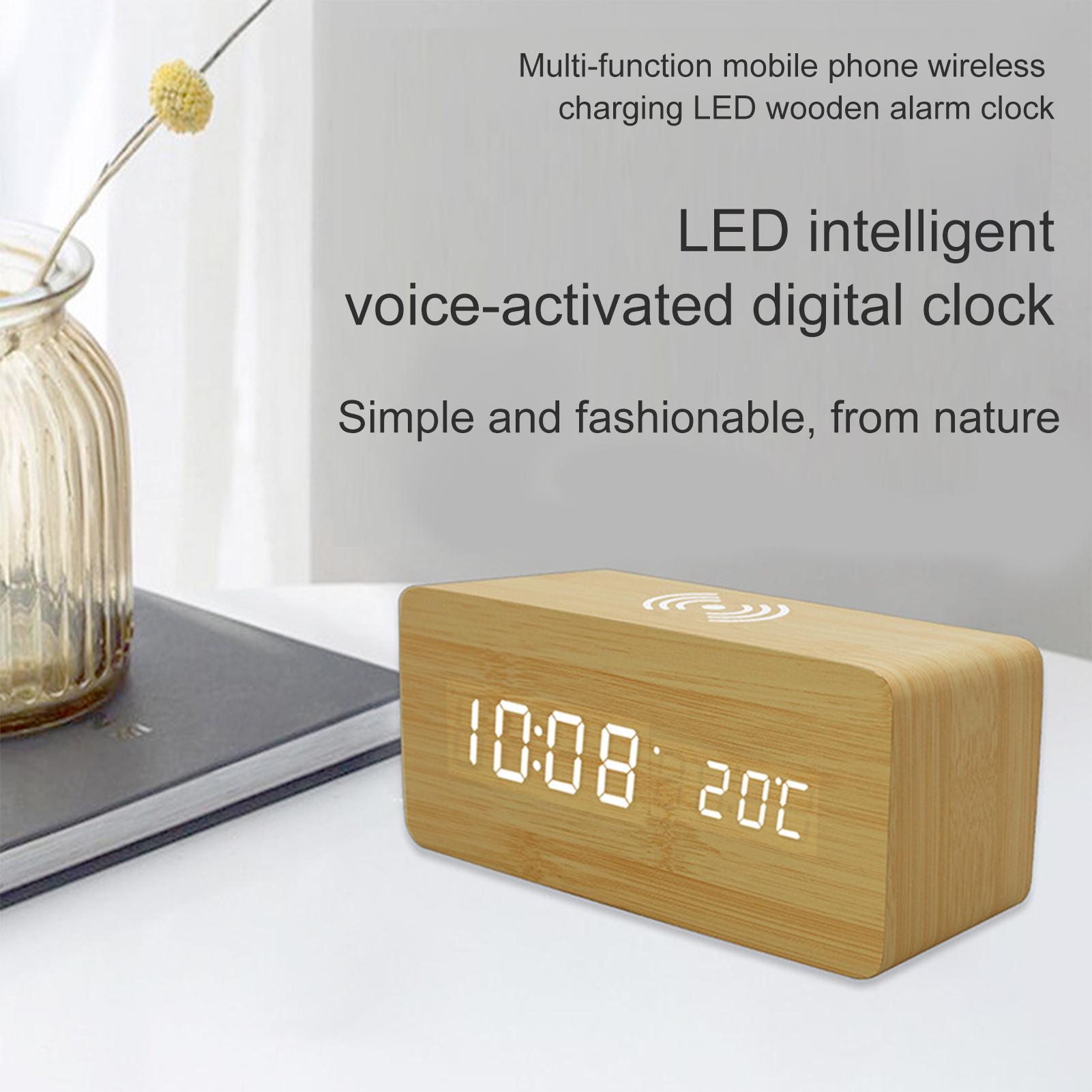 Đồng hồ báo thức kỹ thuật số bằng gỗ màn hình LED có sạc không dây 3 báo thức