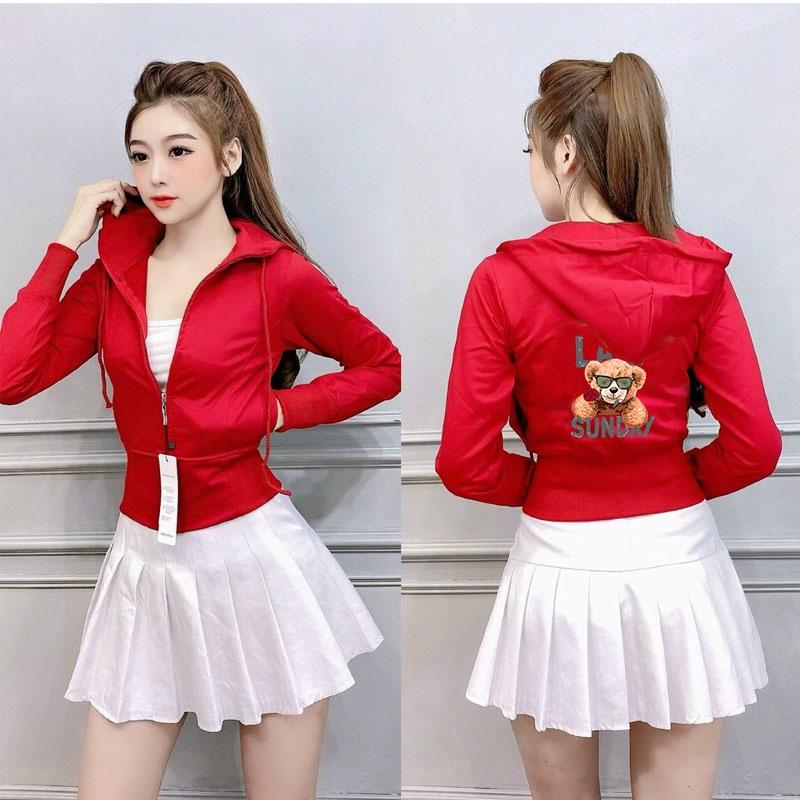 Áo khoác nữ croptop dáng lửng hình in freesize 54kg tay dài có nón