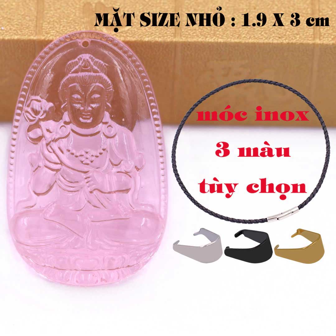 Mặt Phật Đại thế chí pha lê hồng 1.9cm x 3cm kèm vòng cổ dây da đen + móc inox vàng, Phật bản mệnh, mặt dây chuyền