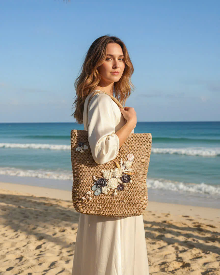 Giỏ Cói Giấy Mềm Dáng Tote Gắn Vỏ Sò, Giỏ Cói Tote Lan Châu ACC142