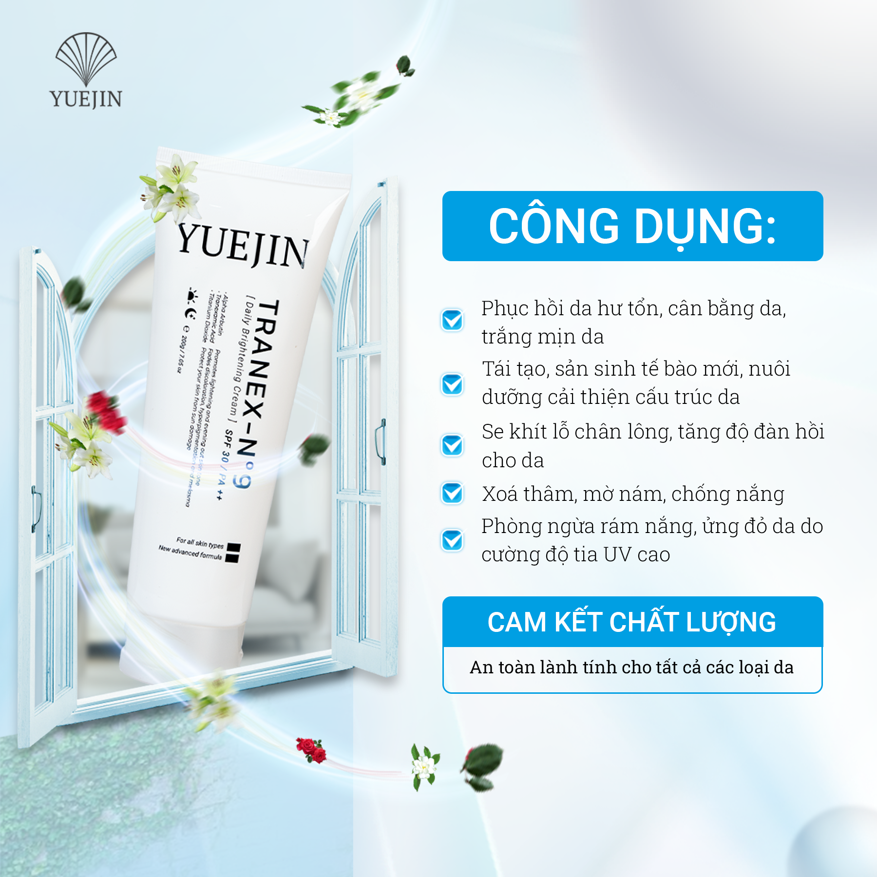 Combo dưỡng trắng da Yuejin Kem dưỡng trắng da Body Tranex-NO9 + Kem Ủ Trắng Da Kojic Brightening