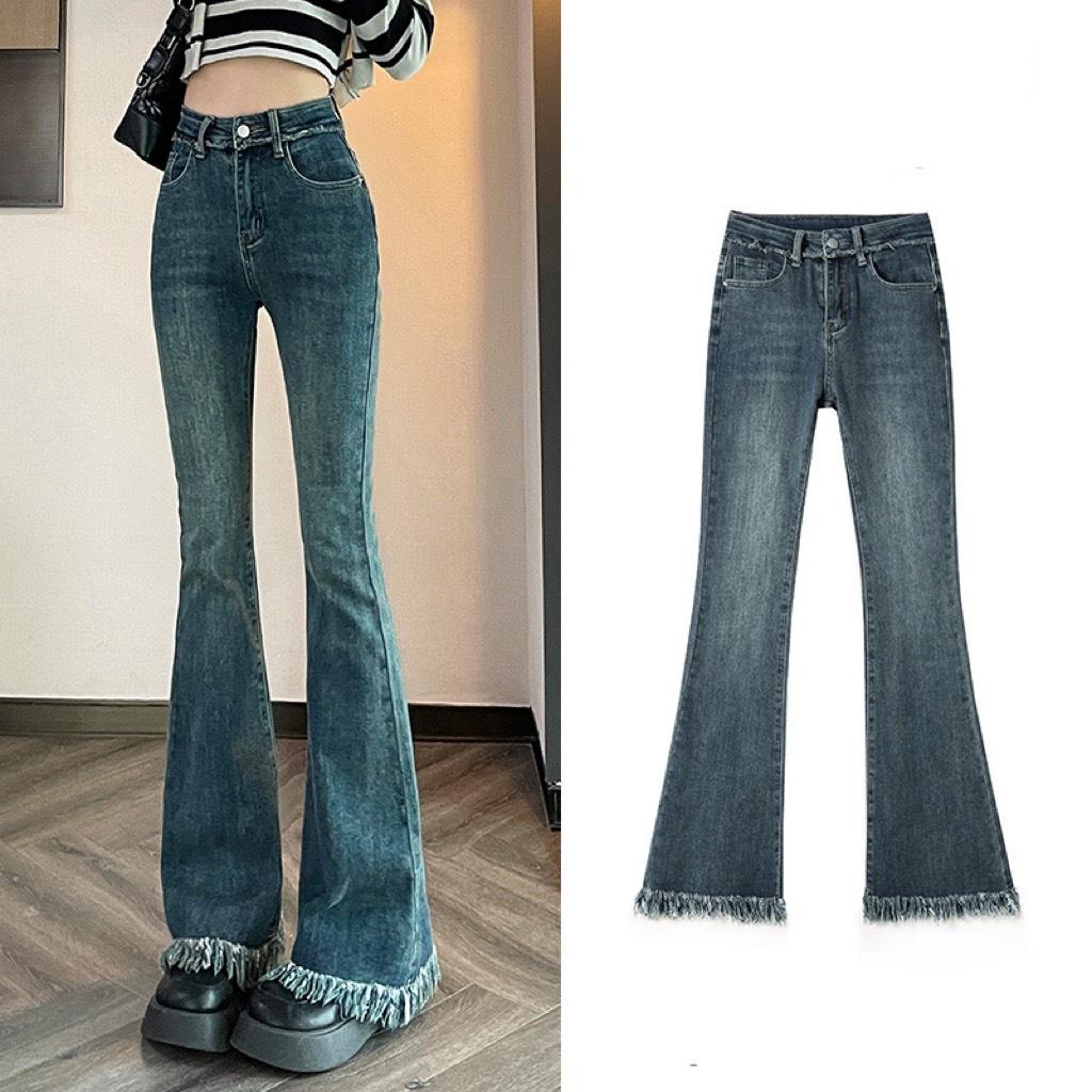 Quần jeans cạp cao ống loe EMIX, dáng dài, trơn, tua viền tua rua 6872