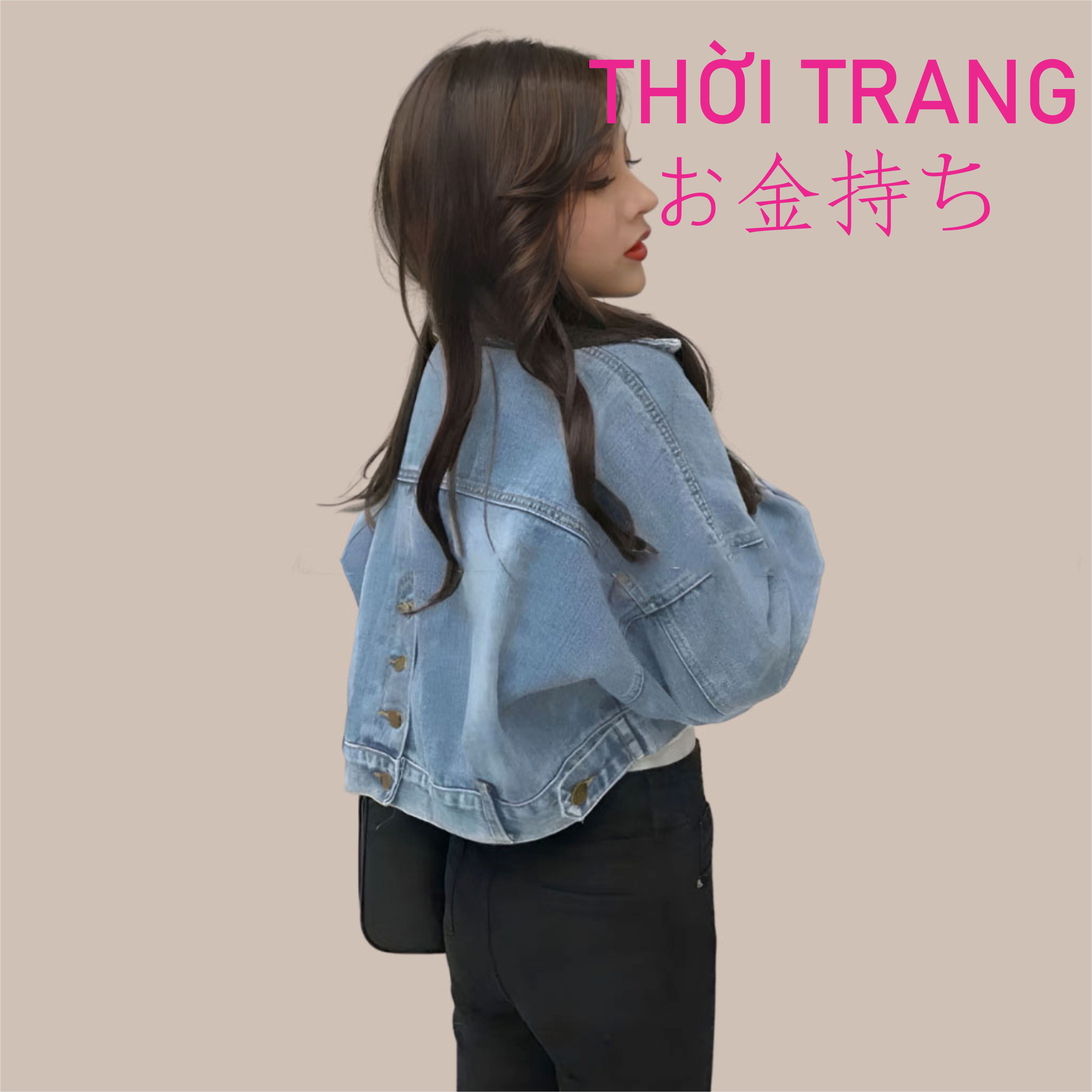 Áo jean nữ おかねもちsau có phối khuy kiểu dáng trơn dài tay dáng croptop