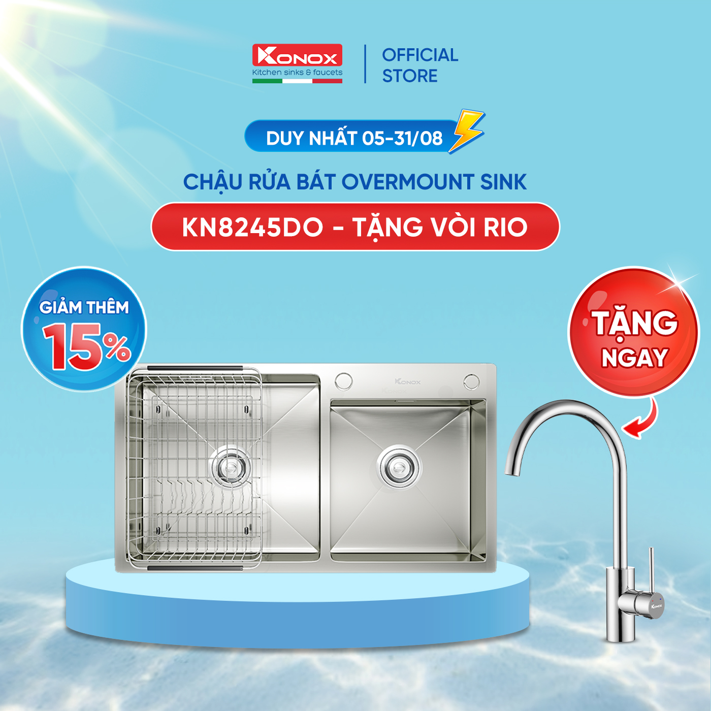 [Combo Siêu ưu đãi] Mua chậu rửa bát Overmount KN8245DO TẶNG vòi rửa bát nóng lạnh RIO