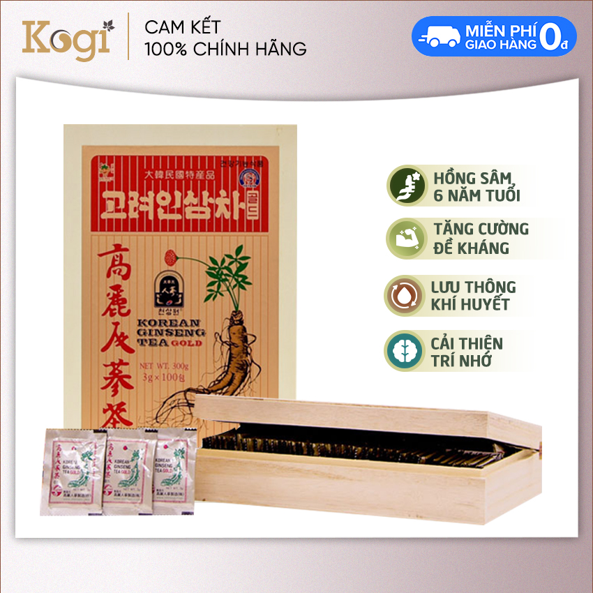 Trà hồng sâm Hàn Quốc Okinsam Hộp gỗ 100 gói - Dạng bột giúp giải nhiệt, giảm mệt mỏi, tỉnh táo tinh thần