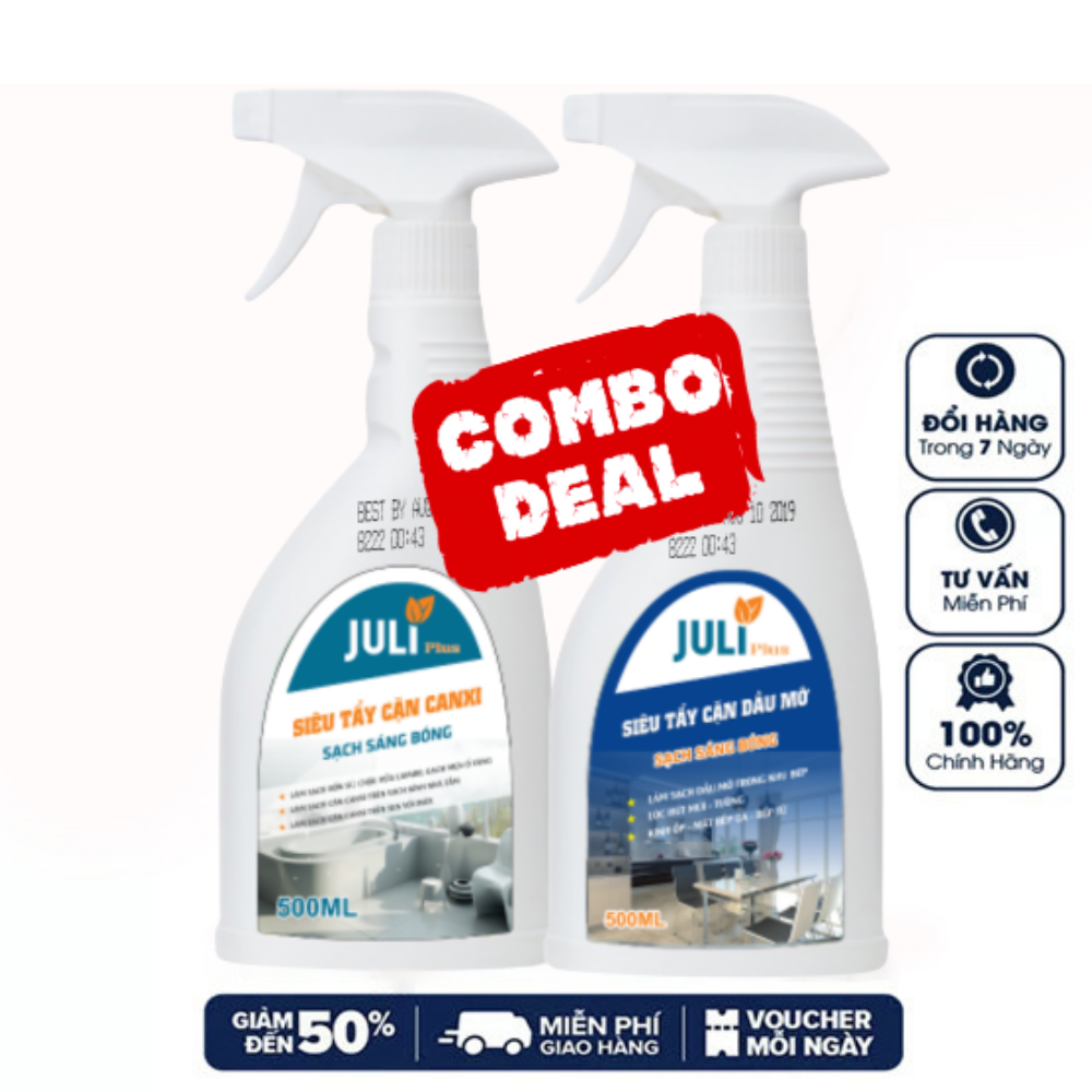 Combo Siêu tẩy cặn canxi nhà tắm JULI Plus và Siêu tẩy rửa dầu mỡ nhà bếp JULI Plus chuyên dụng, tiết kiệm, hiệu quả. Chai 500ml