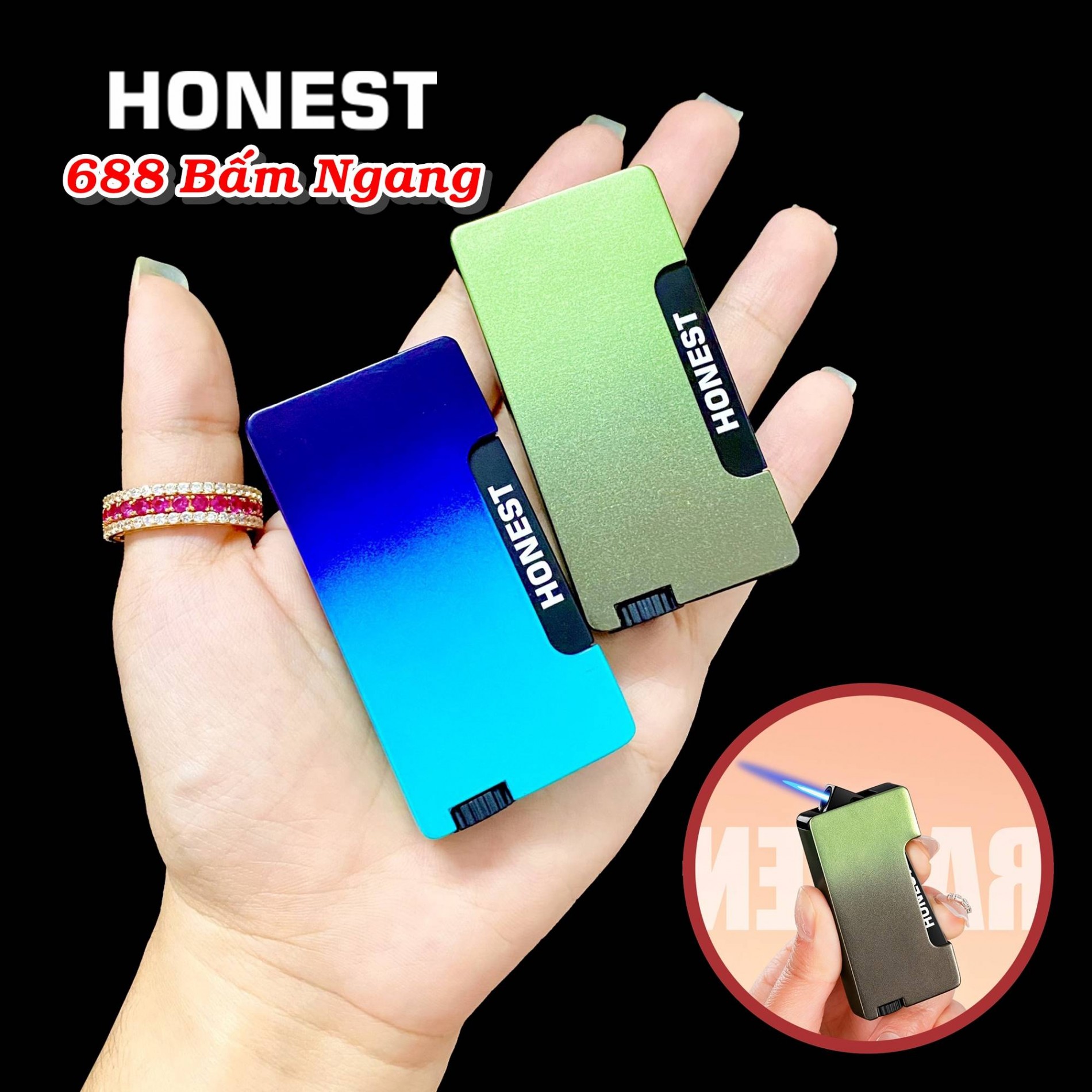 Hột quẹt bật lửa HONEST 688 bấm ngang màu cầu vòng - xài gas