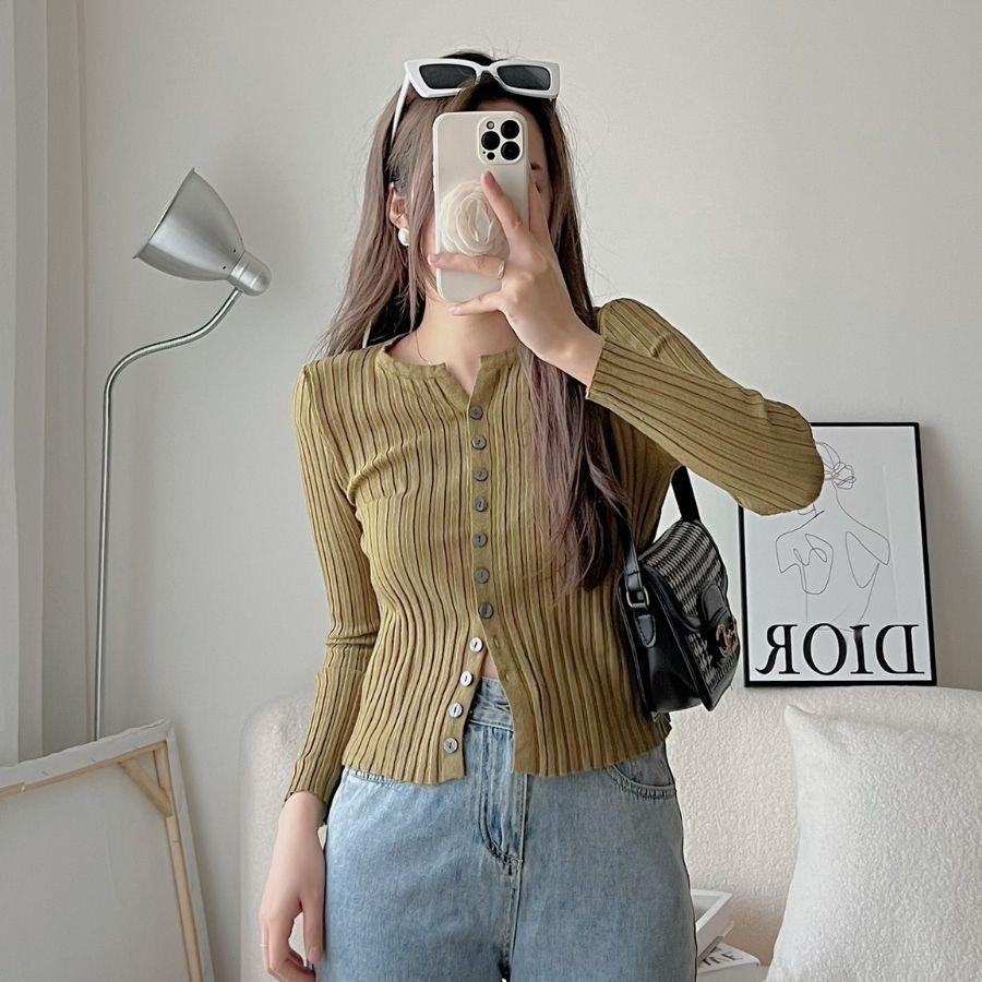 Áo len gân đũa tay dài nữ cài cúc dáng ôm co giãn dày dặn mềm mịn, Cardigan len dệt kim kiểu maxi sang chảnh trẻ trung