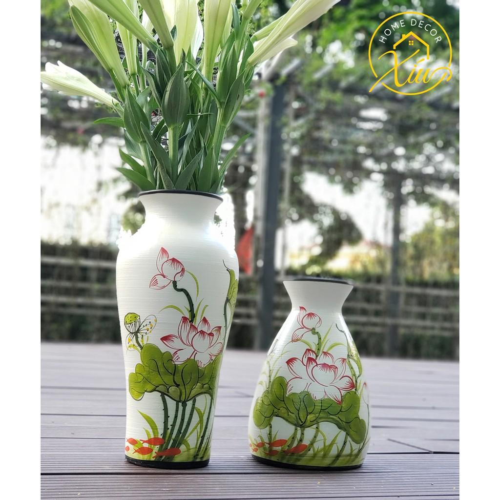 Bình hoa sứ Bát Tràng hoạ tiết sen vẽ tay - Dùng cắm hoa sen, hoa ly, hoa loa kèn, hướng dương