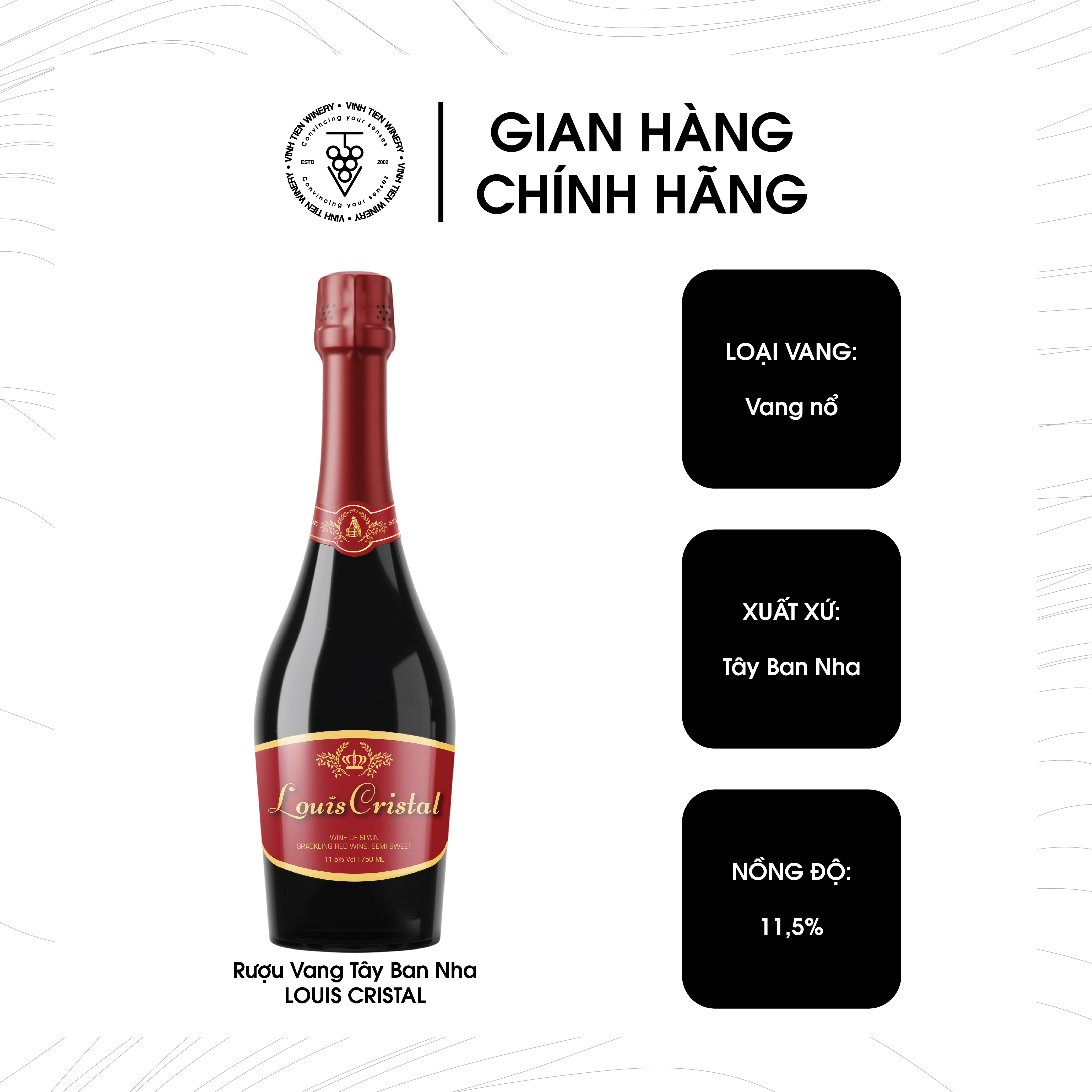 Rượu Vang Nổ Louis Cristal Nhập Khẩu Tây Ban Nha - Chai 750ml, 11,5% Vol.