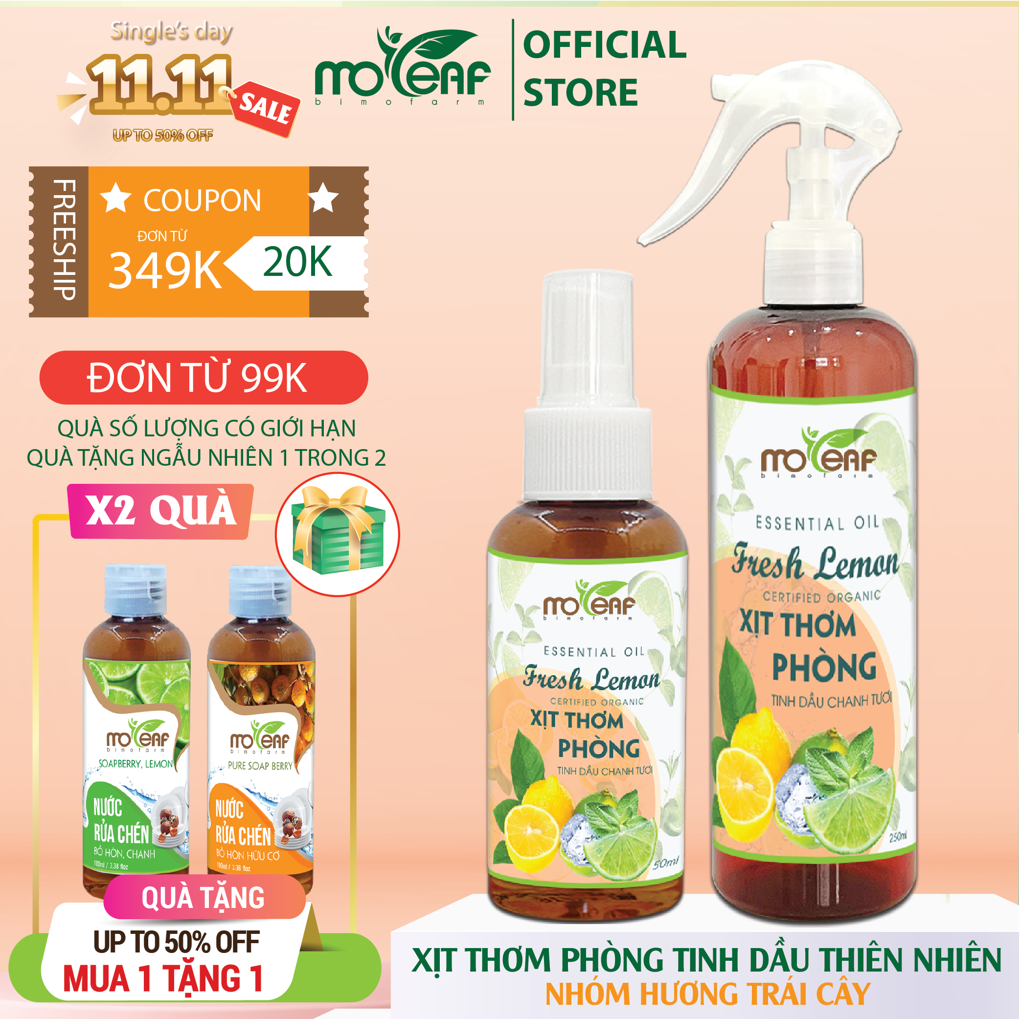 Xịt Thơm Phòng Tinh Dầu Chanh Tươi Moleaf Khử Mùi Thơm Mát Hỗ Trợ Giải Cảm 250ml