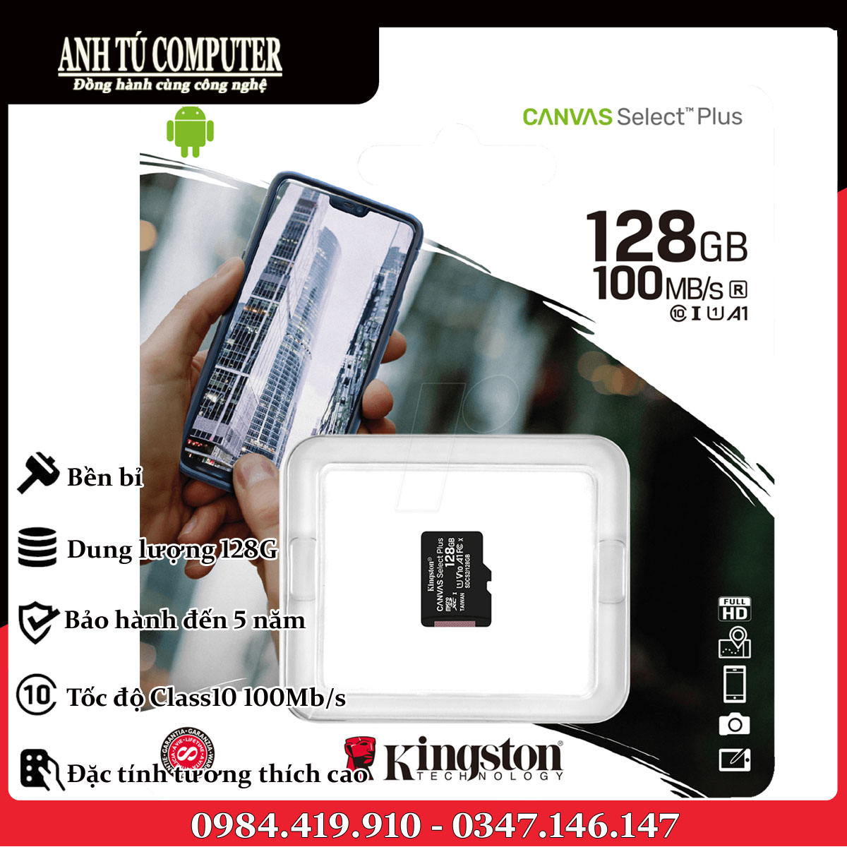 Thẻ Nhớ Kingston 128GB Micro SD Class 10 SDCS2/128GB hàng chính hãng