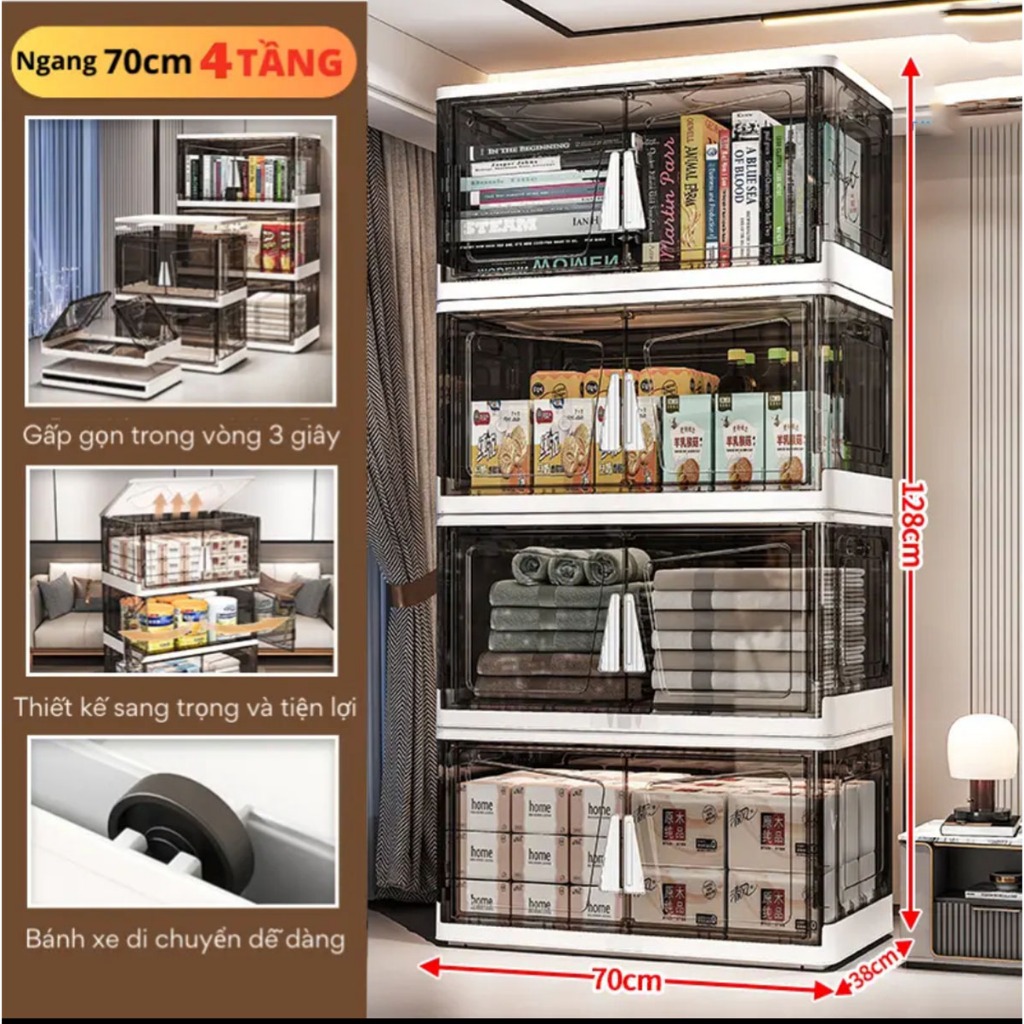Tủ Đựng Đồ Gấp Gọn  Nubie Tay Cầm Tam Giác 4/5 Tầng, Thùng Đựng Đồ Lắp Ghép Cao Cấp, Kèm Bánh Xe Xoay 360 Độ