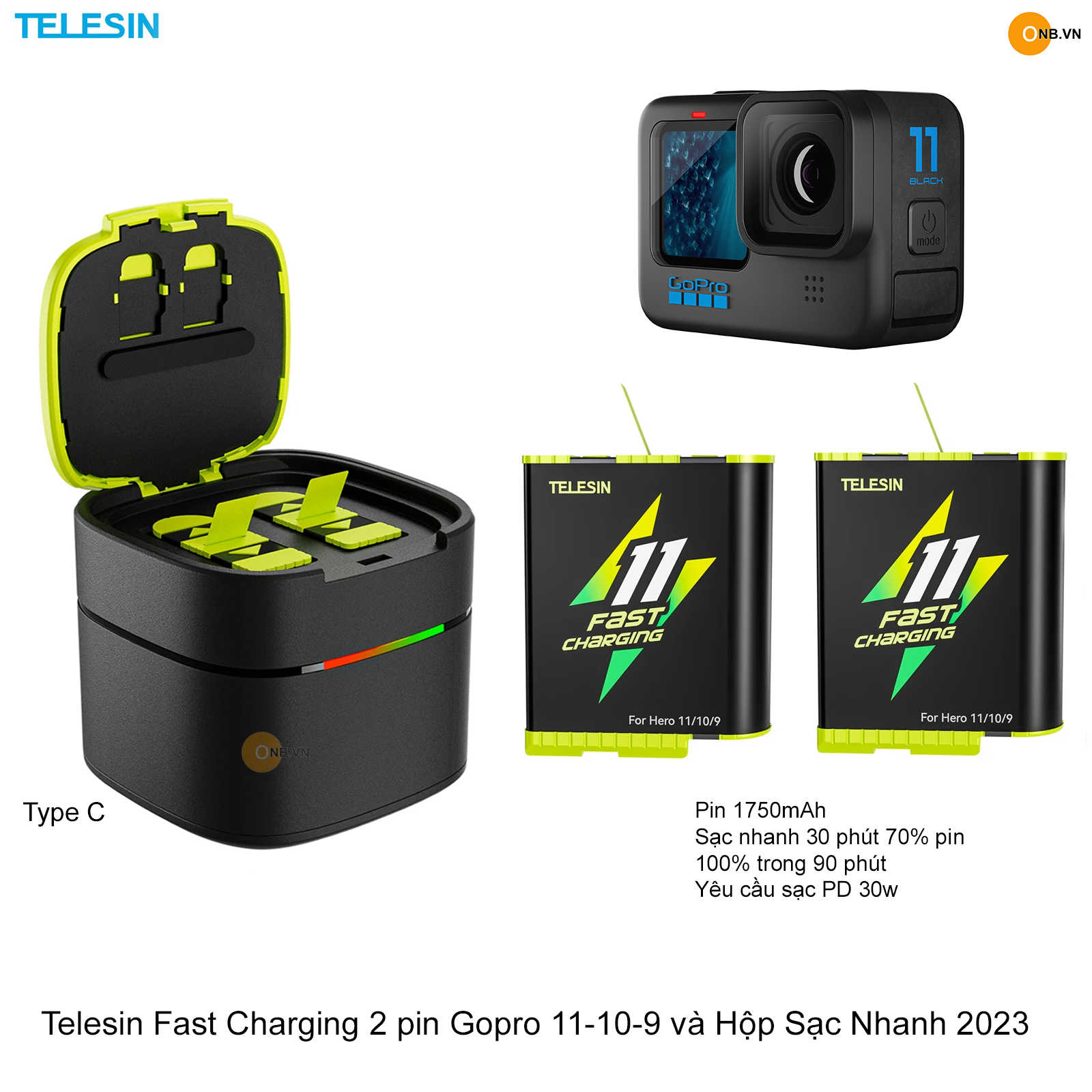 Telesin Fast Charging 2 pin Go-pro 11-10-9 và Hộp Sạc new 2023