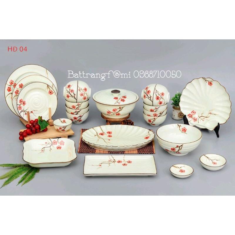 ️- Bộ đồ ăn sứ cao cấp Bát Tràng vẽ đào đỏ