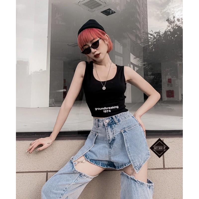 Quần baggy jean ống nối dây xích